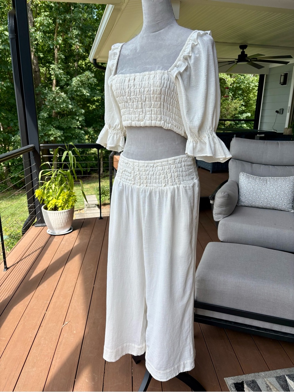 Free People  ‘AT EASE’ Cream Smocked Waist Wide-Leg Pants w/ crop top ( set )